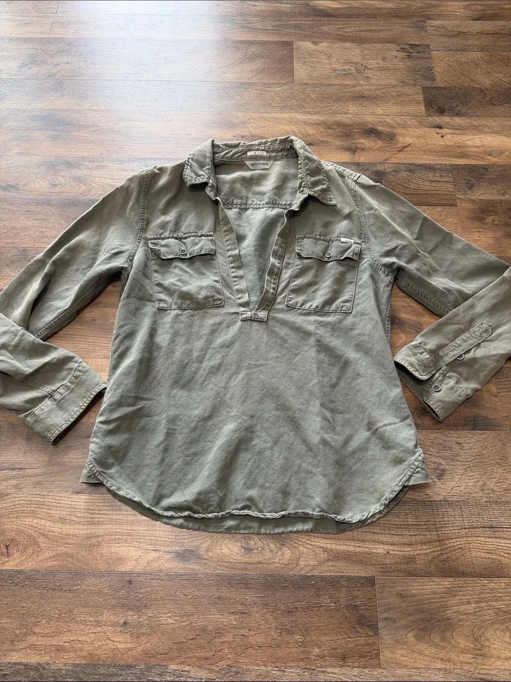 MOTHER Denim Frenchie Slip Over Top in a dyed military green shade